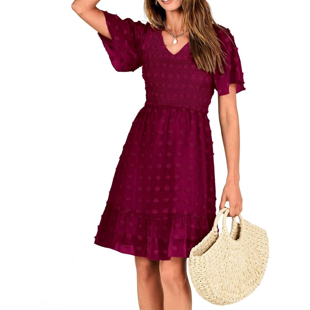 Red Swiss Dot Burgundy Sundress w/ Flutter Sleeves and V-Neck for Wedding Guest - Picture 5 of 8